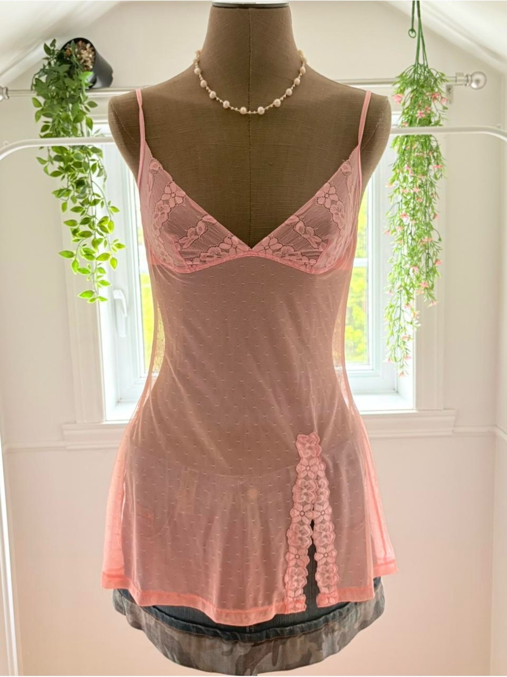 Sheer Pink Lace Slip Cami with Floral Pattern - Picture 1 of 5